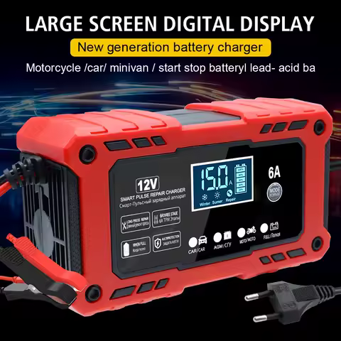 Portable Battery Maintenance Intelligent Pulse Repair Lead-Acid Smart Battery Charger Car Motorcycle Battery Charging 12V 6A SUV