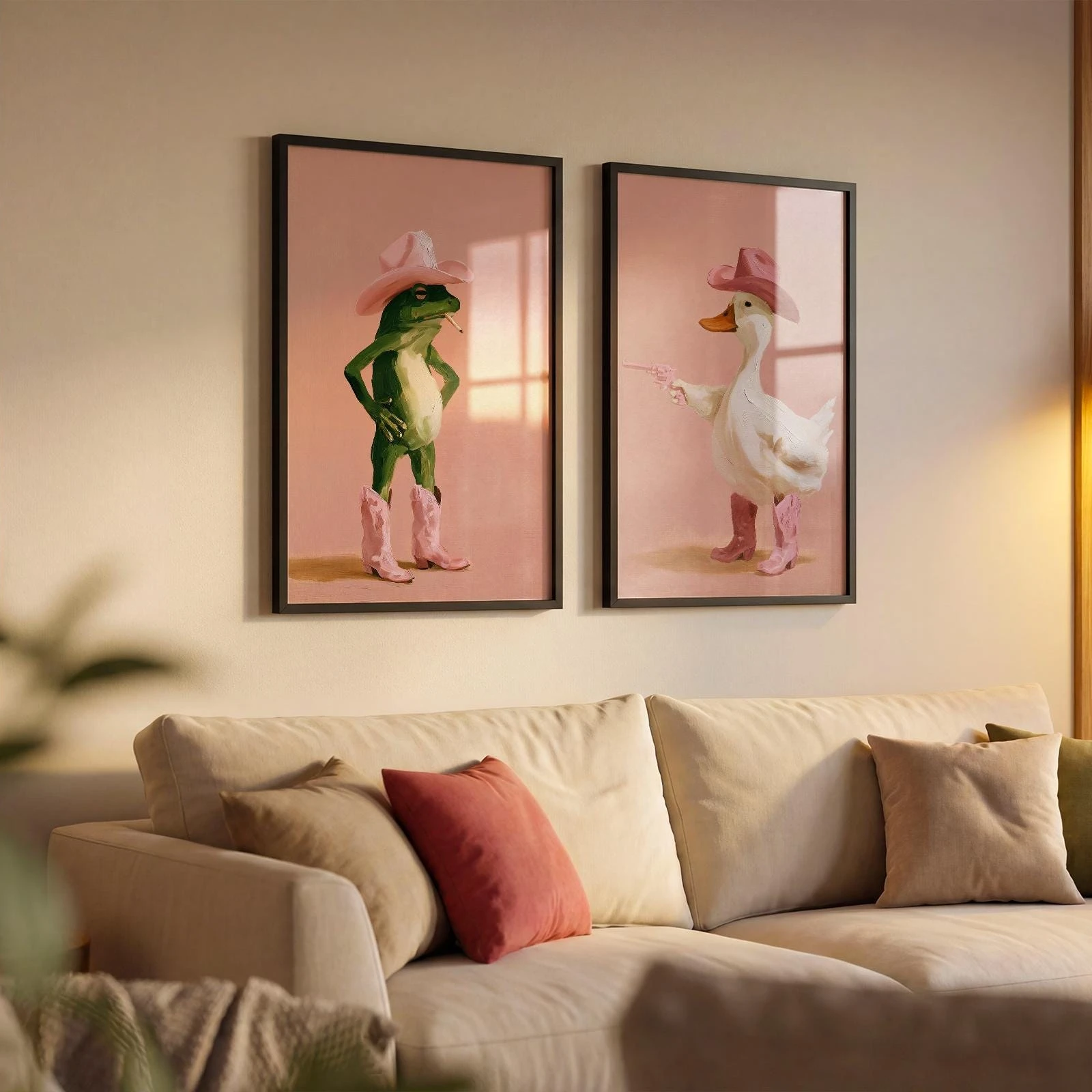 2pcs/set Cowboy Frog & Silly Goose Canvas Posters Vintage Funny Western Wall Art Posters for Living Room and Bedroom Decorations