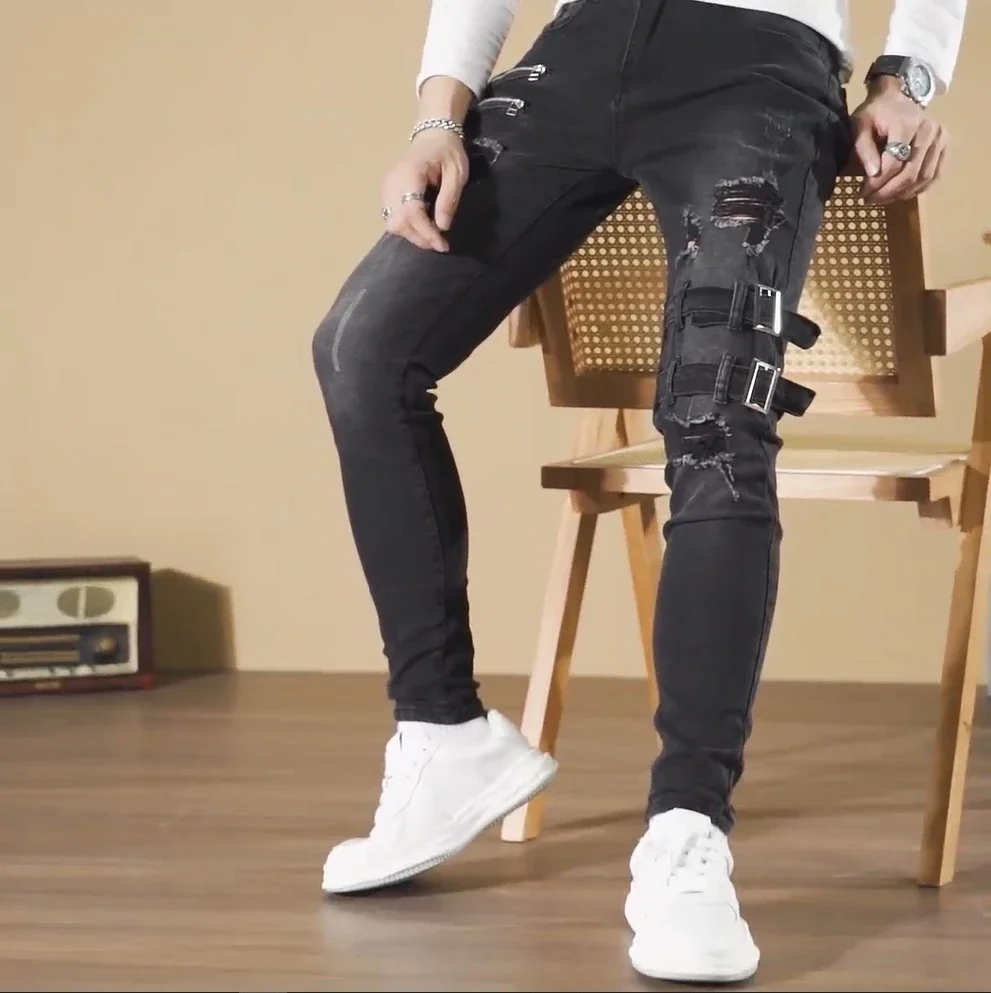 Straight Jeans Men Punk Skinny Denim Pants Spring Summer Boyfriend Jeans Streetwear Zipper Slim Fit Black Goth Trousers