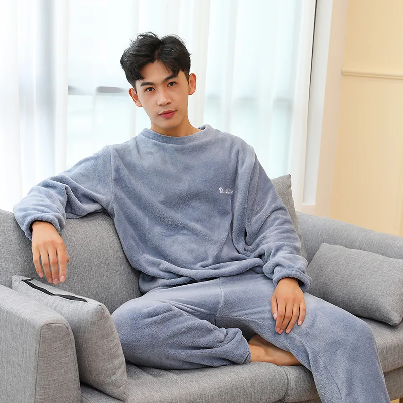 Thickened Warm Men Coral Velvet Pajamas Autumn Winter Homewear Long-Sleeved Long Trousers Solid Soft Sleepwear 2PCS/Set Couple