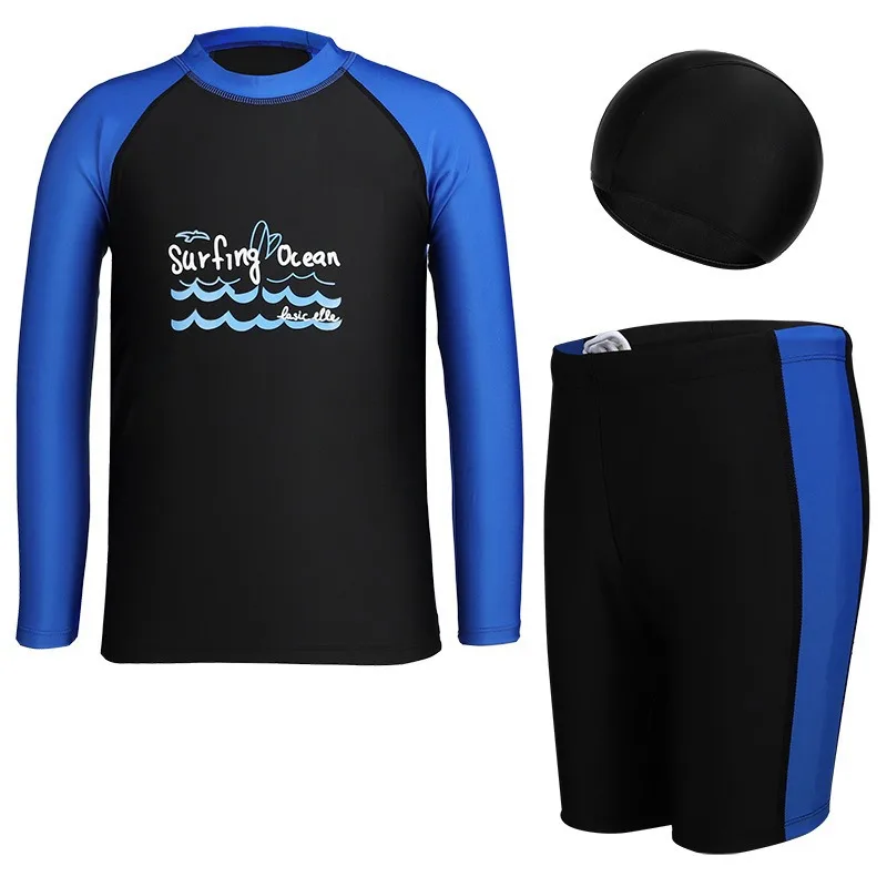 

Купальник из двух частей для мальчиков, детский купальник с мультяшным принтом и надписью, с длинными рукавами, на молнии, с защитой от солнца, быстросохнущий, для серфинга, подростковый купальный костюм