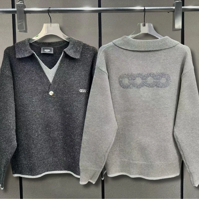 Splicing V-neck Polo Shirt Sequin Hollow Out GOOD Letter Print GOODBRAND Sweater Men Women Fashion Street Outfit Knit Pullover