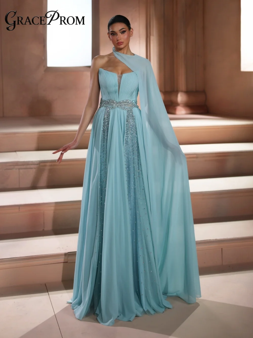 

Radiant Sky Blue One Shoulder Chiffon Evening Gown Dazzling Beaded Party Dress with Cape Sleeve For Wedding Guests فساتين سهرة