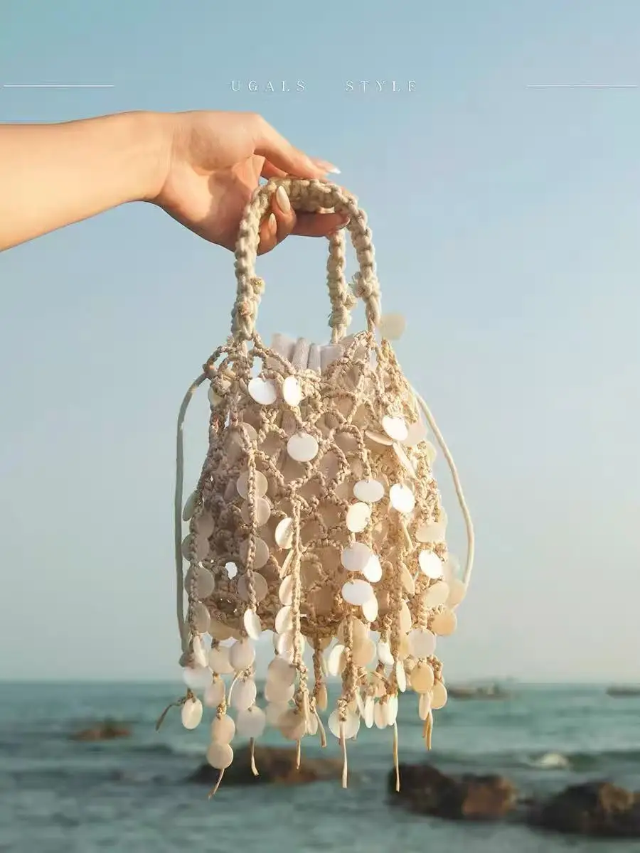 

Shell Case Beading Tassel Woven Handmade Women Handbag Fashion Hollow Out Knitted Clutch Purse Holiday Vacation Travel Bag
