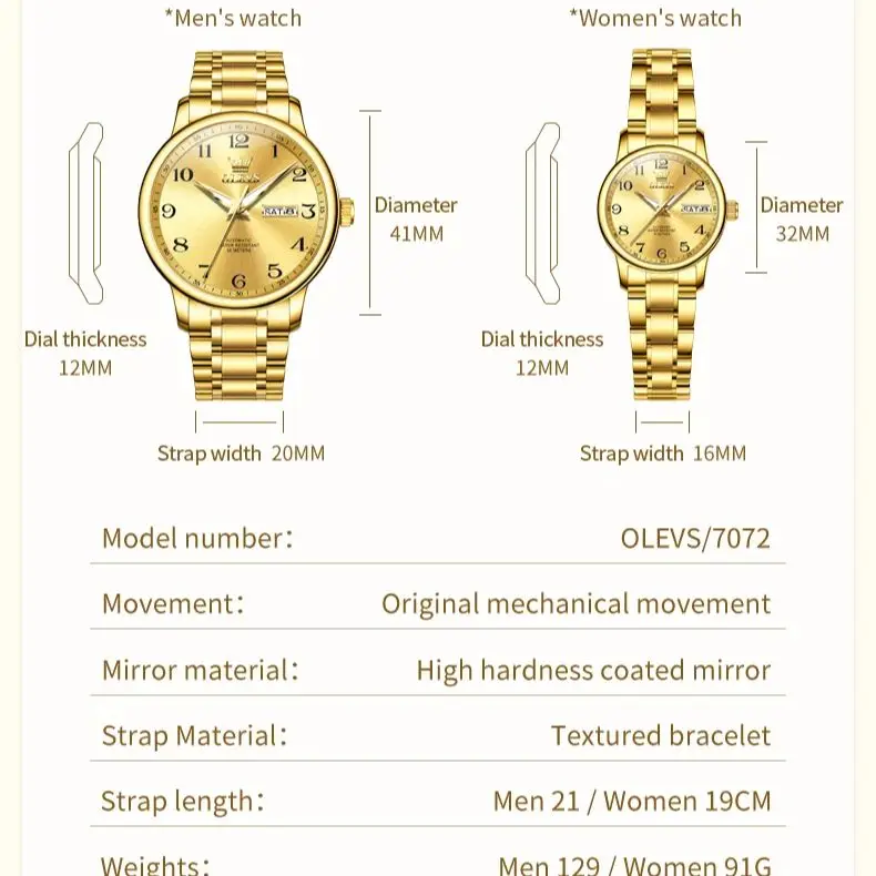 OLEVS 7072 ساعة الزوجين ماركة فاخرة ساعة ميكانيكية أوتوماتيكية بالكامل هدية عيد الحب تاريخ ساعة نسائية رجالي هدية Reloj
