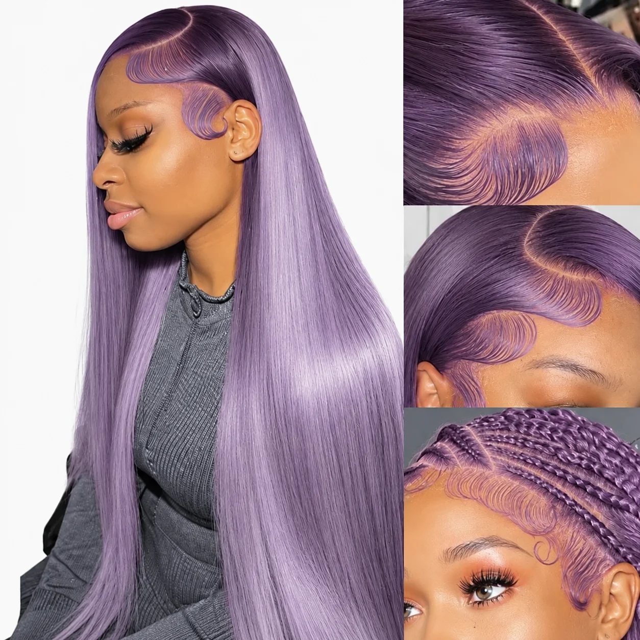 28 Inch Ombre Dark Purple Lavender Synthetic Lace Front Wig 13x4 HD Lace 180% Density Glueless Long Straight Wig for Black Women Heat Resistant