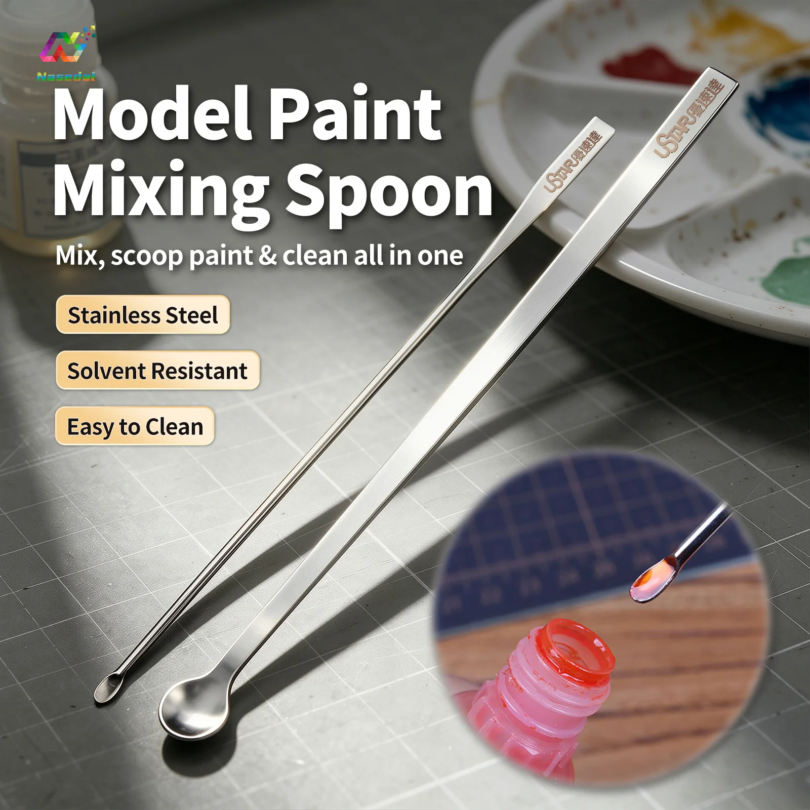 Ustar 2Pcs Stainless Steel Paint Mix Spoon Dual End Scaled Stirrer for Gunpla Mecha Model Paint Blending Coloring Hobby Supply