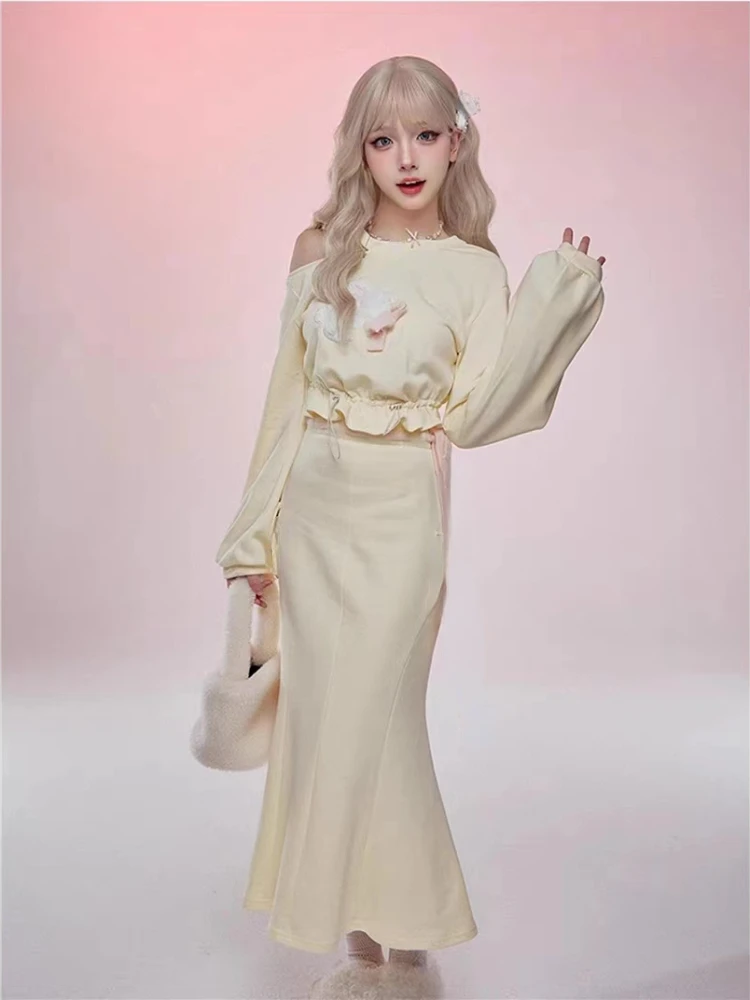 2024 New Korea Fashion 2 Piece Skirt Set Casual Kawaii Print Blouse + Elegant Slim Midi Skirt Japanese Style Sweet Suit Woman