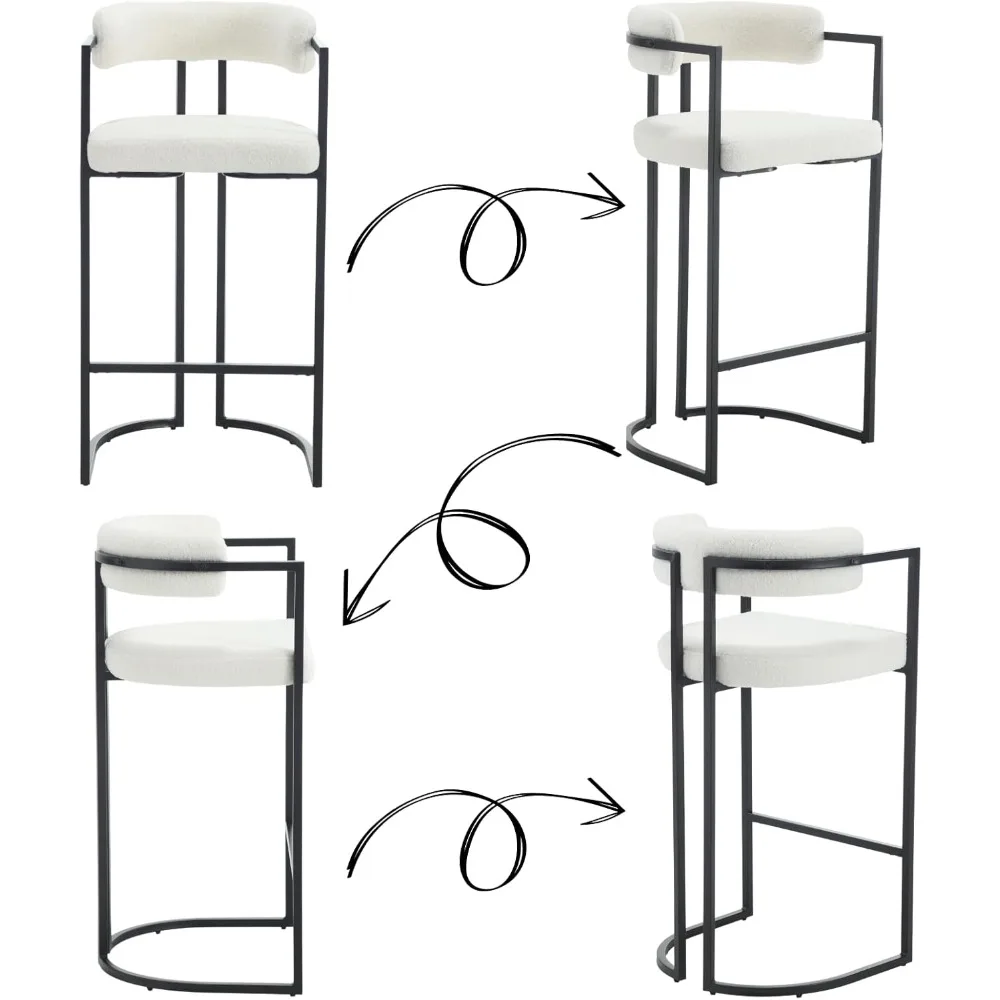Set Kursi Bar Sherpa 30 Inci (2 Buah), Kursi Bar Modern Putih dengan Sandaran Nyaman, Kursi Makan Tinggi Berlapis Kain dengan Kaki Hitam