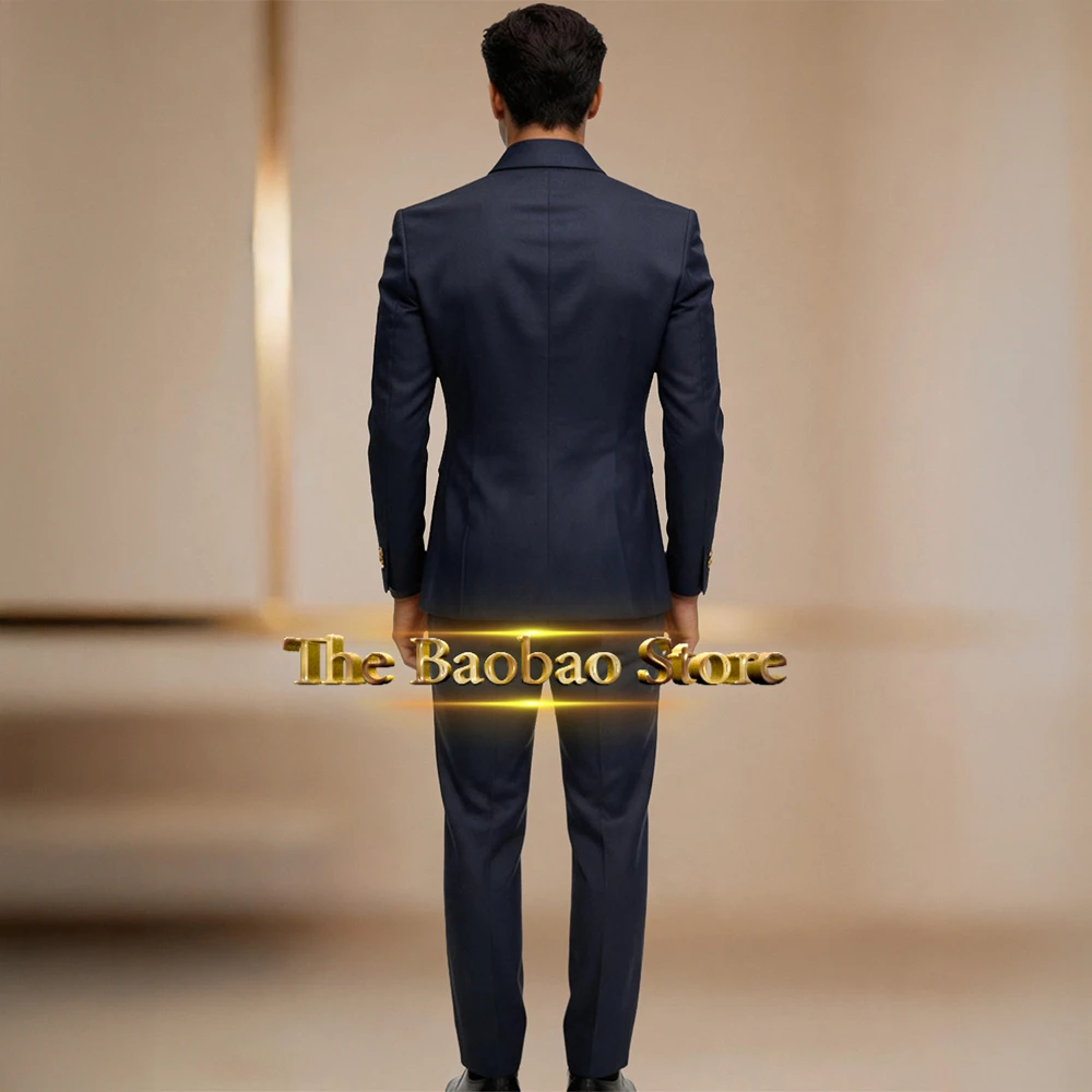 Mens Navy Blue Suit 2 Piece Suit Jacket Pants Set Formal Male Safari Outfit for Wedding Party Celebration Prom Evening Events