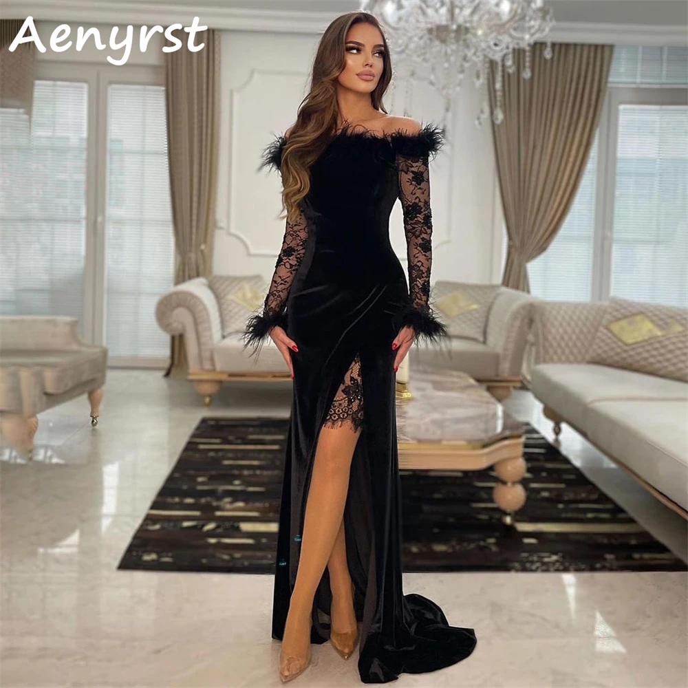 Aenyrst nero con spalle scoperte piume pizzo Arabia abiti da sera sirena Velour Split Prom Dress lunghezza del pavimento cena abiti da festa