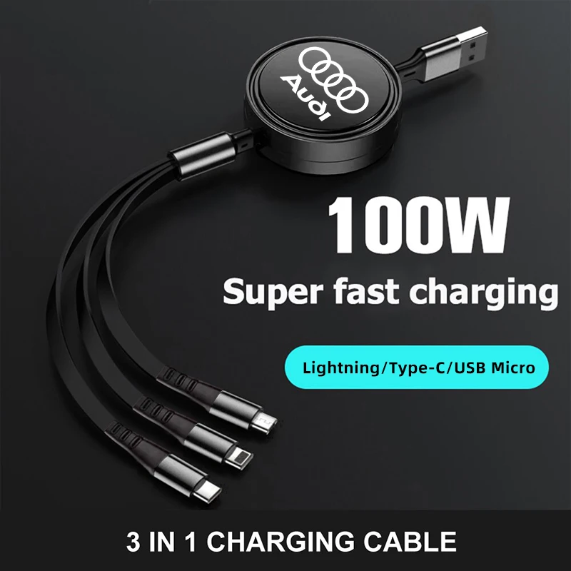 100W USB To Type-C Micro Lightning 3-in-1 Fast Charger Charging Cable For Audi A7 A3 A4 A6 A5 Q5 A1 Q7 Q3 Q4 TT SQ5 RSQ3 RSQ8 S3