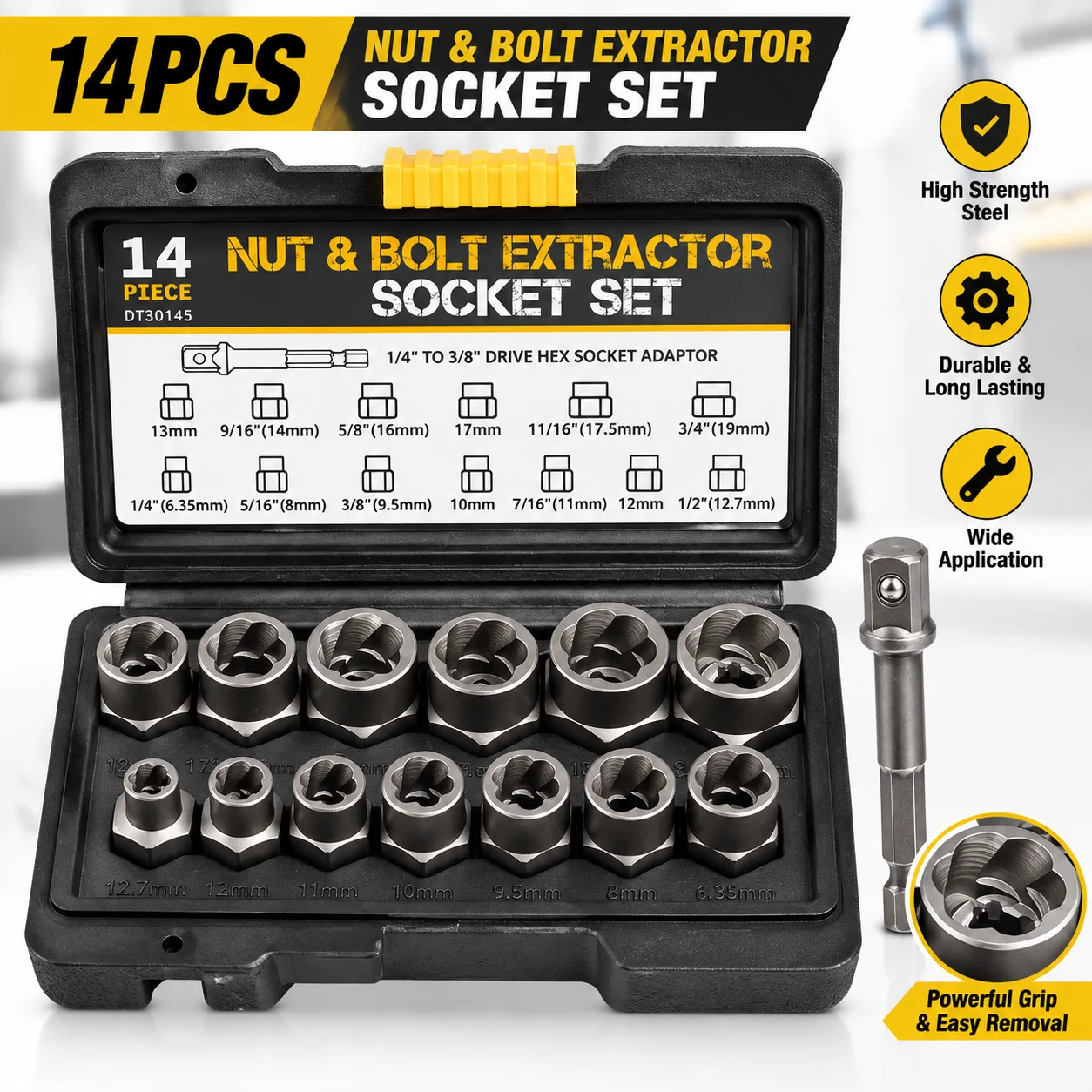 Nut Bolt Extractor Socket Set 14 Piece Rusted Damaged Lug Nut Remover Tool Kit with Extension Bar for Car Repair