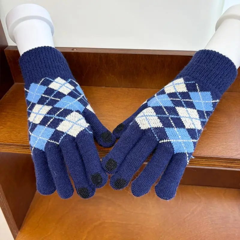 1 Pair Touch Screen Plus Thick Plaid Gloves Winter Adult Male and Female Students Split Finger Riding To Keep Warm Cute Couple