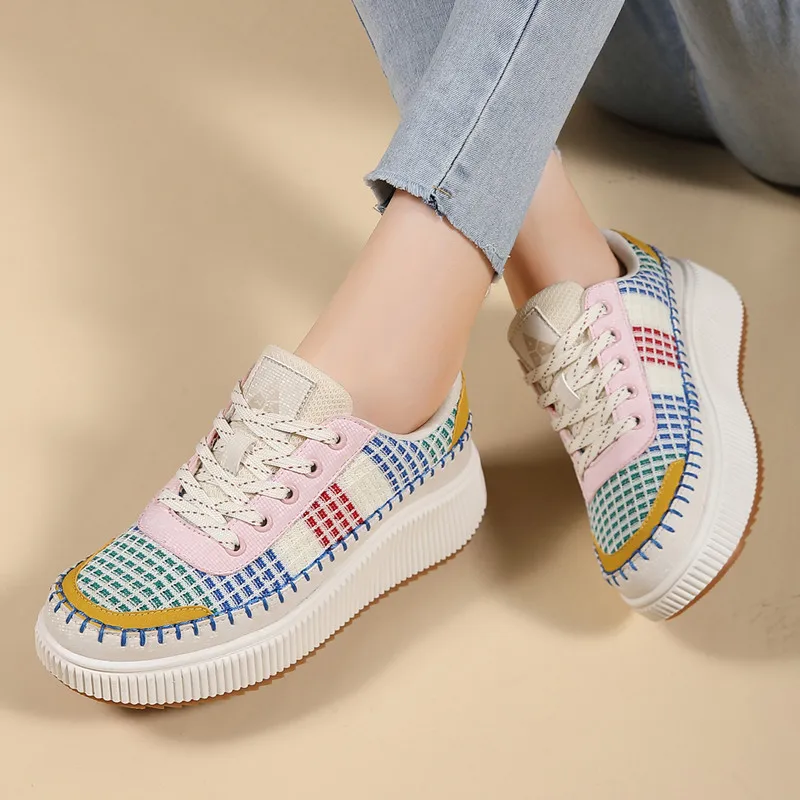 Zapatos informales de tendencia de otoño para mujer, zapatos de plataforma cómodos y transpirables para mujer, zapatillas informales de corte bajo con cordones para mujer, talla grande 43