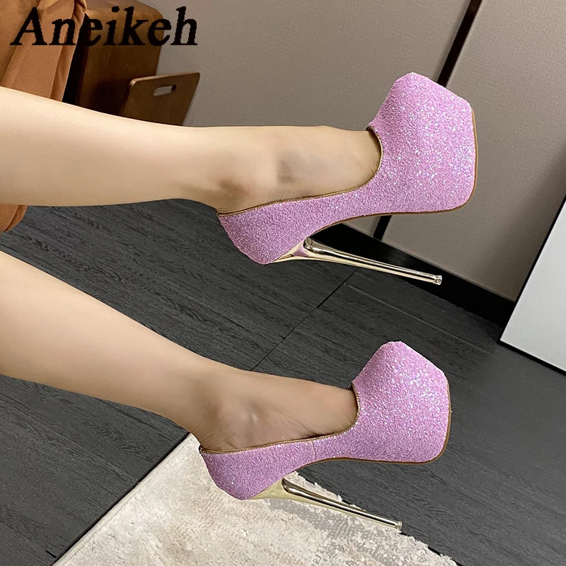 Aneikeh2024 Sequined Cloth Platform Super High Heels Women\'s Fashion Sexy Round Head Thin Heels Single Shoes Party Wedding Mules