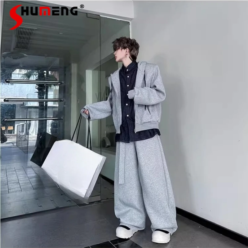 

Мужская осенняя новинка 2025 года, трендовая рубашка в полоску из 2 предметов, искусственная двухсекционная толстовка с капюшоном, куртки, стильные удобные комплекты с длинными брюками