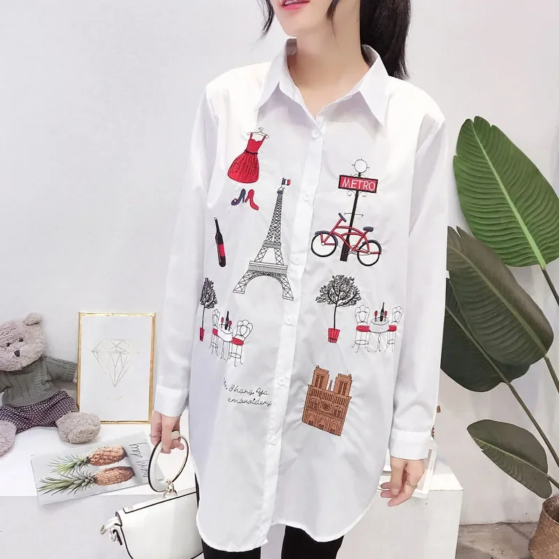 2024 New Casual Button Up Turn Down Collar Female Blouse White Women\'s Shirt Long Sleeve Cotton Embroidery Office Lady Tops 5083