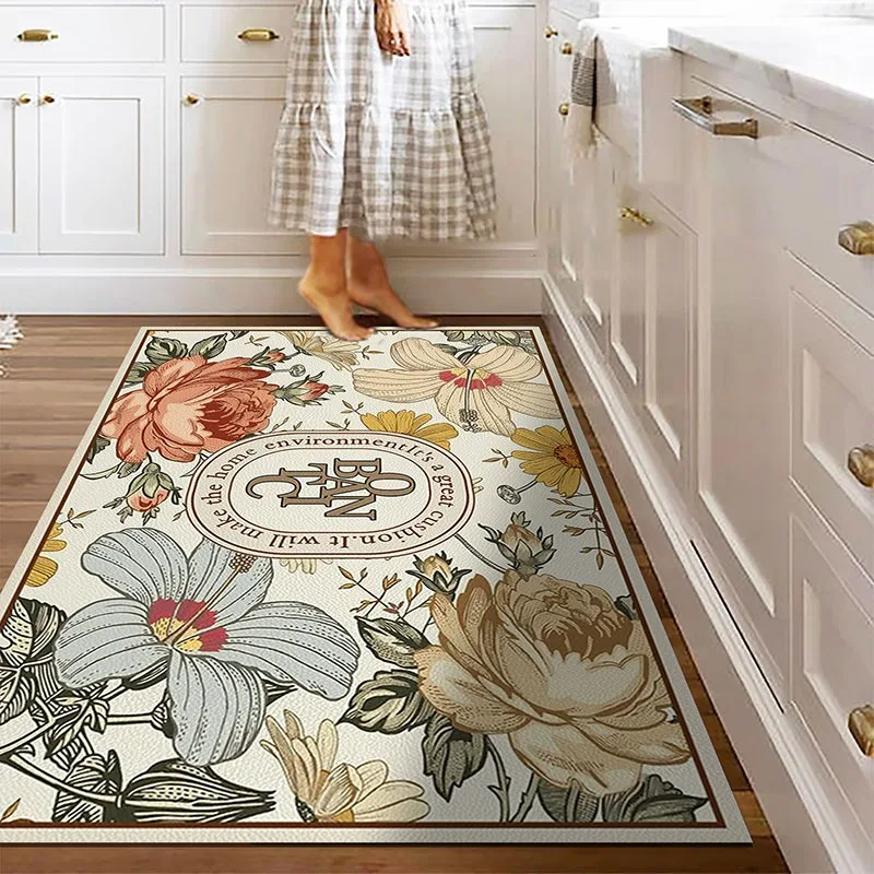 

American-style Floral Decorate Kitchen Floor Mats Scrubable PVC Waterproof Carpet Oil-proof Scratch-resistant Rug Ковер Tapis 러그