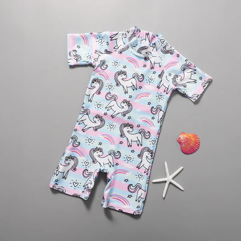 

Girls' One-Piece Swimsuit Short Sleeve Shorts Warm Quick-Dry Baby Swimwear Girls' Hot Spring Rainbow Unicorn Cartoon