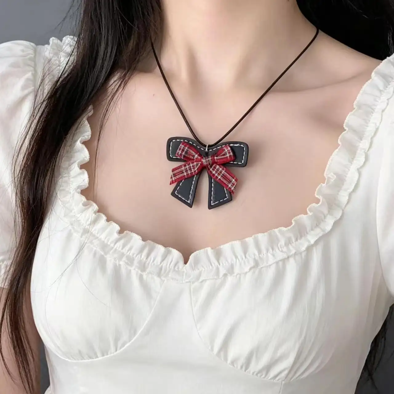 Punk  Simplicity College style  Subtle design sense Sweet and  Cool Red  Checkered  Bowknot Leather string Alloy  Collar chain