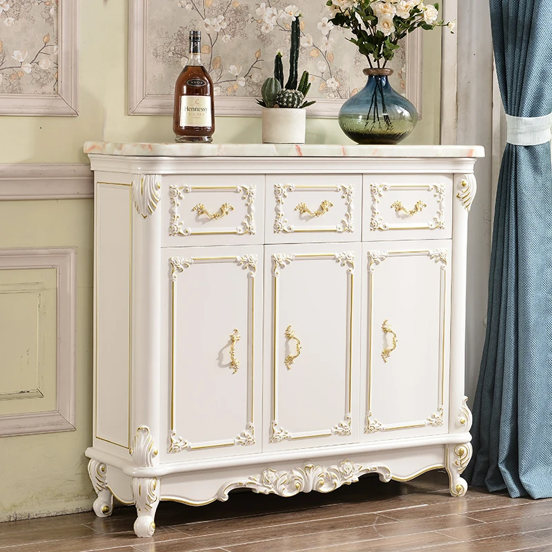 

Solid wood shoe cabinet with white marble finish, a luxurious entryway/foyer cabinet for home use.