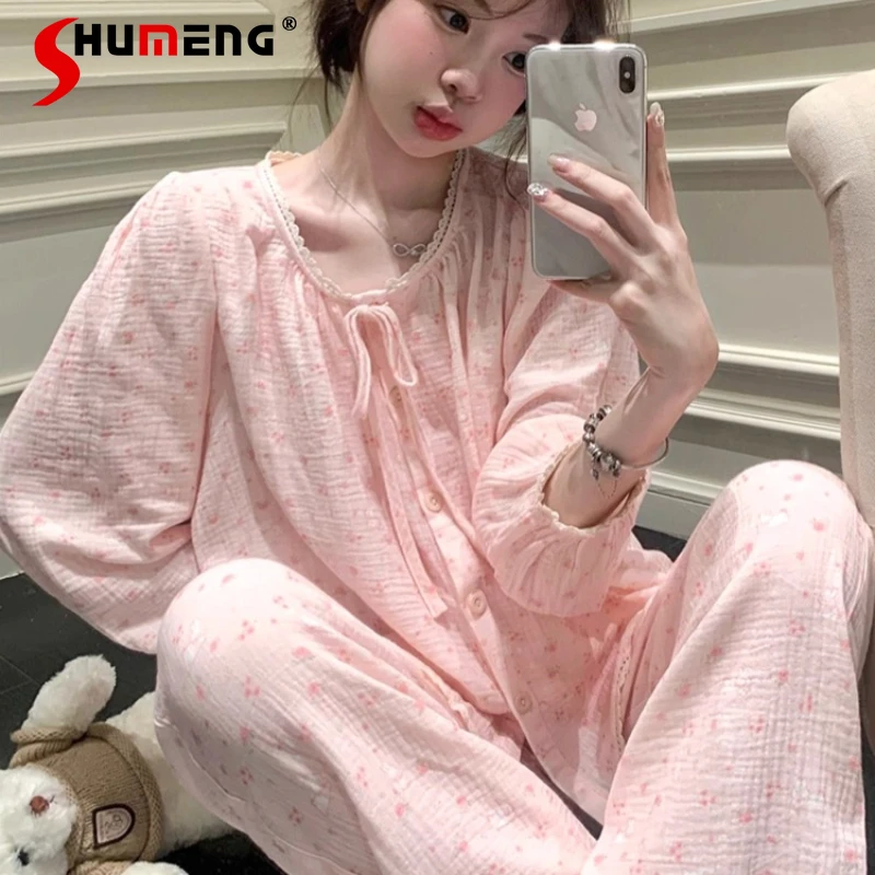 

Sweet Pink Floral Pajamas Women's Autumn Spring Cute Cotton Double Layer Loungewear Female Gauze Lace Home Clothes Set