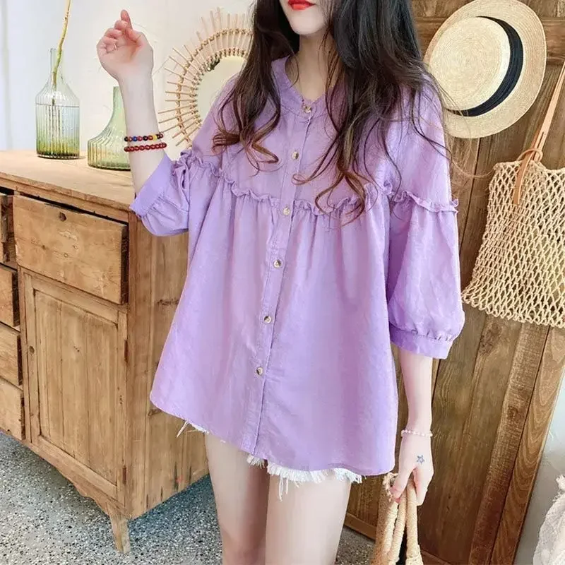 Spring and Summer Korean Edition Reduced Age Casual Loose Fit Round Neck Versatile Sweet Fluffy Single Breasted Doll Shirt V10