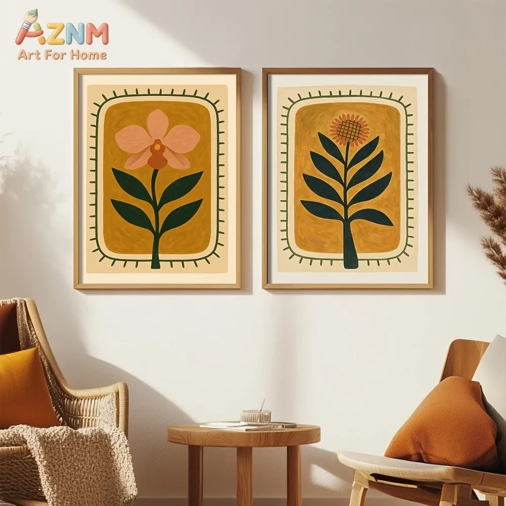 AZNM Frameless Canvas Poster Retro Folk Floral Print, Mustard Yellow Background Abstract Orchid Sunflower Plant Illustration Wal
