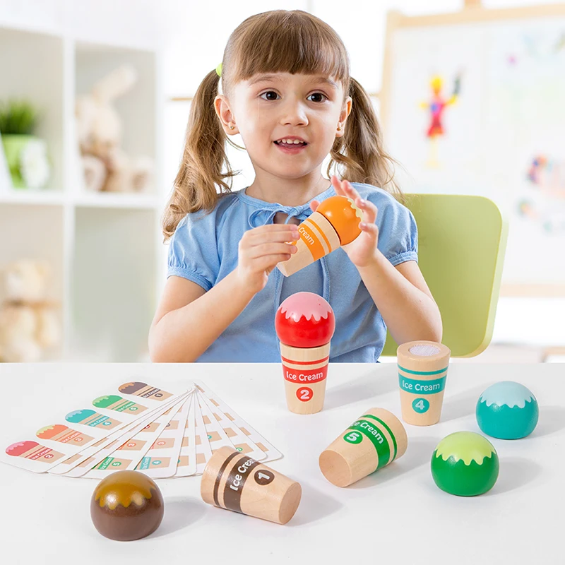 Jouets Montessori en bois, couleur crème glacée, formes assorties, jouets d'éveil d'apprentissage précoce avec cartes à motifs et Velcro Durable