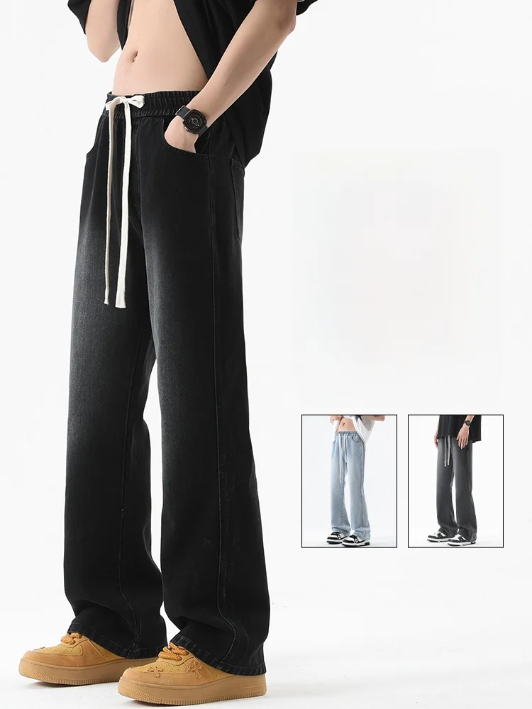 

Loose Men's Bell Bottom Jeans Summer New American High Street Vibe Black Casual Cotton Polyester Blend Wear Resistant Jeans