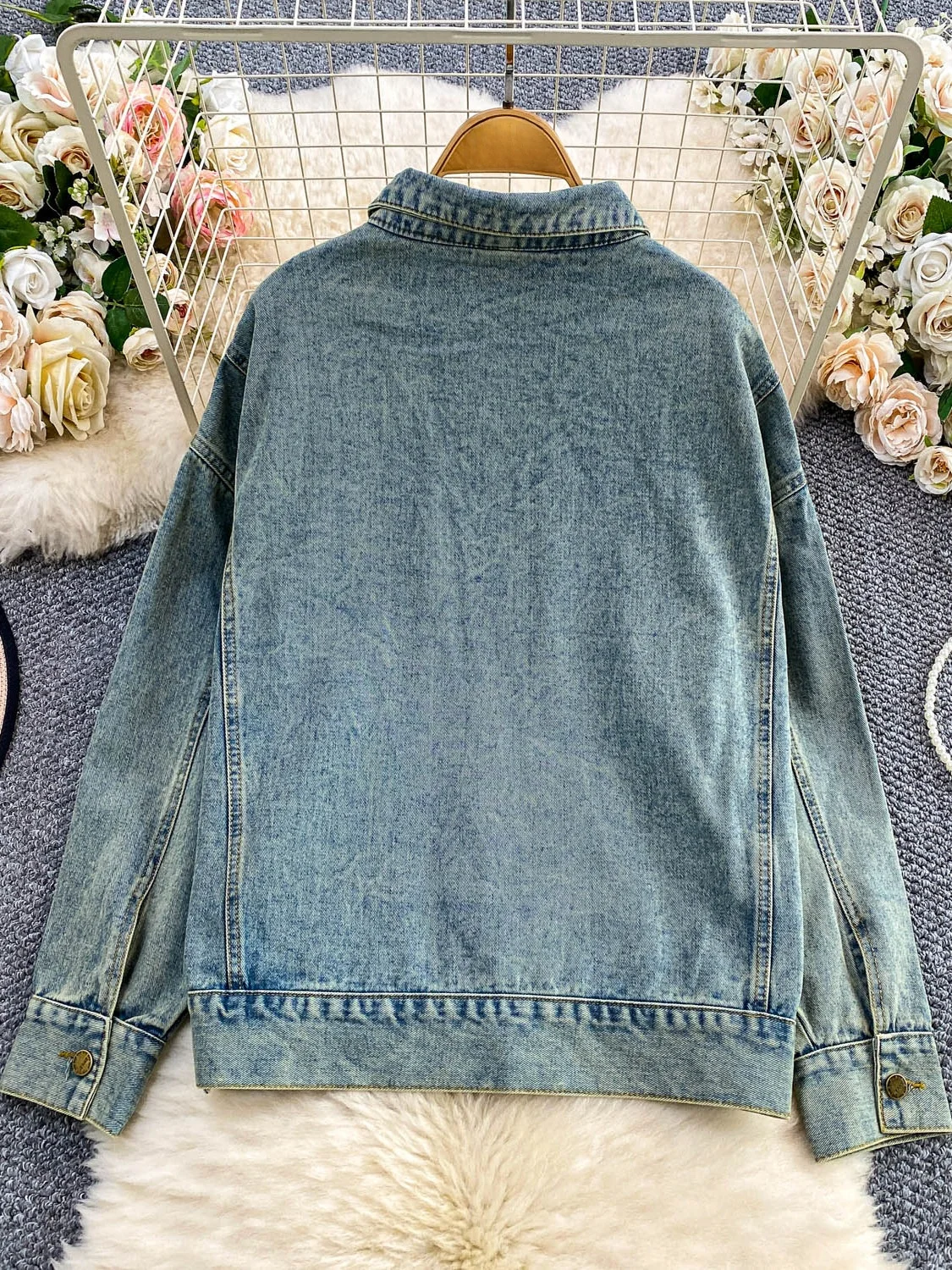 Chaqueta Vaquera Azul Vintage Entallada con Bordado, Manga Larga, Cuello Csero, Abotonada, Estilo Hoado para Mujer, Prim...