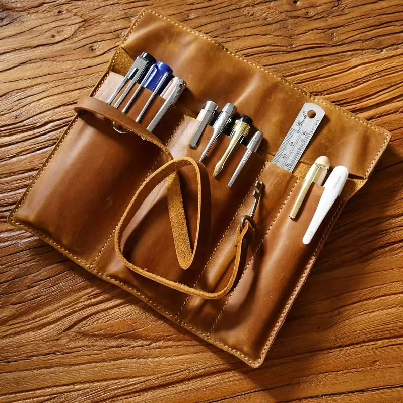 Vintage Genuine leather Leather Pencil Case-Multi-Compartment Organizer with Elastic Closure, Key Loop & Wrist Strap for Office