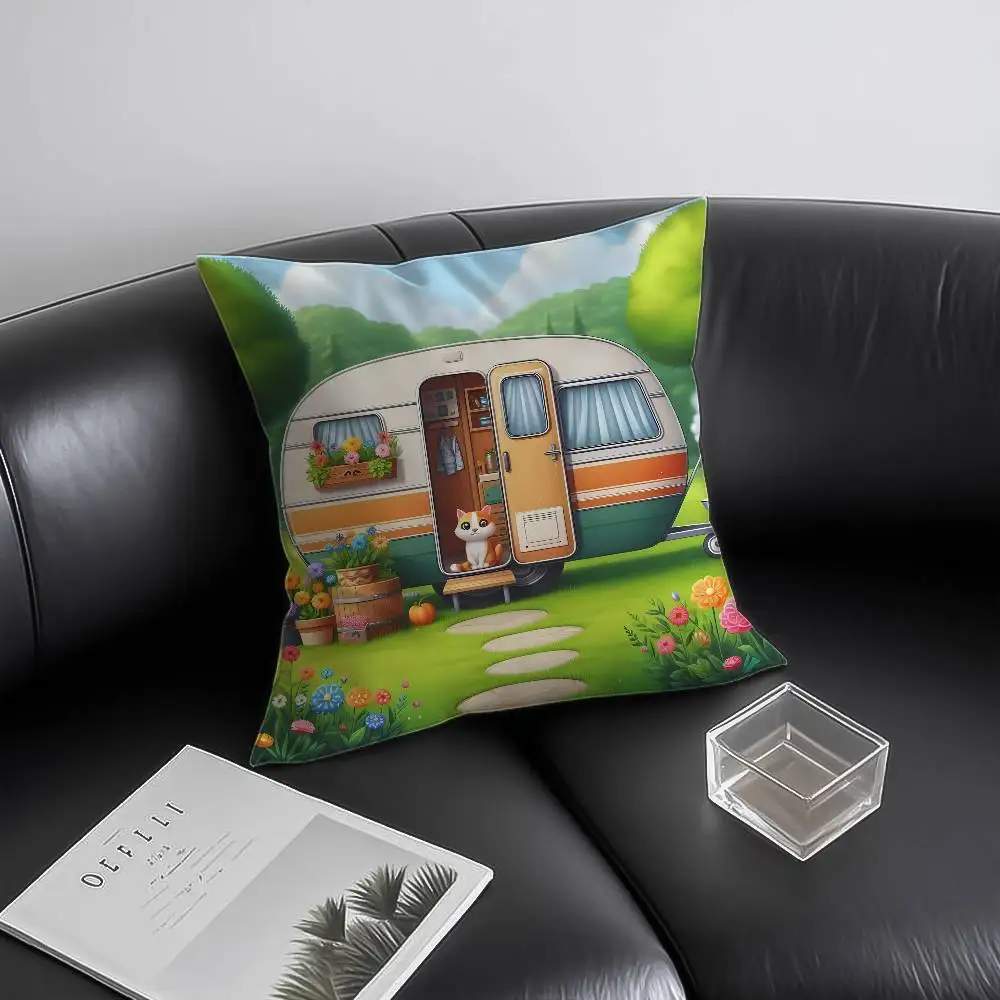 Happy Campers Car Pillow Case Anti-dustmite Invisible Zipper Sofa Bed