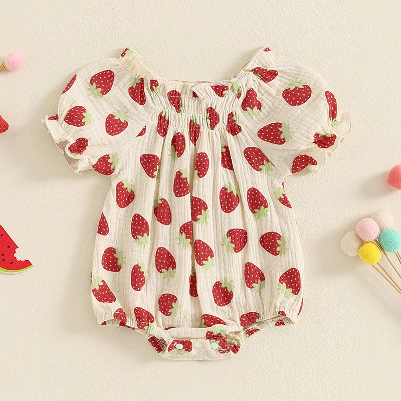 

Summer Newborn Infant Baby Girls Strawberry Print Rompers Adorable Puff Sleeve Ruffled Playsuit Jumpsuit Toddler Clothing