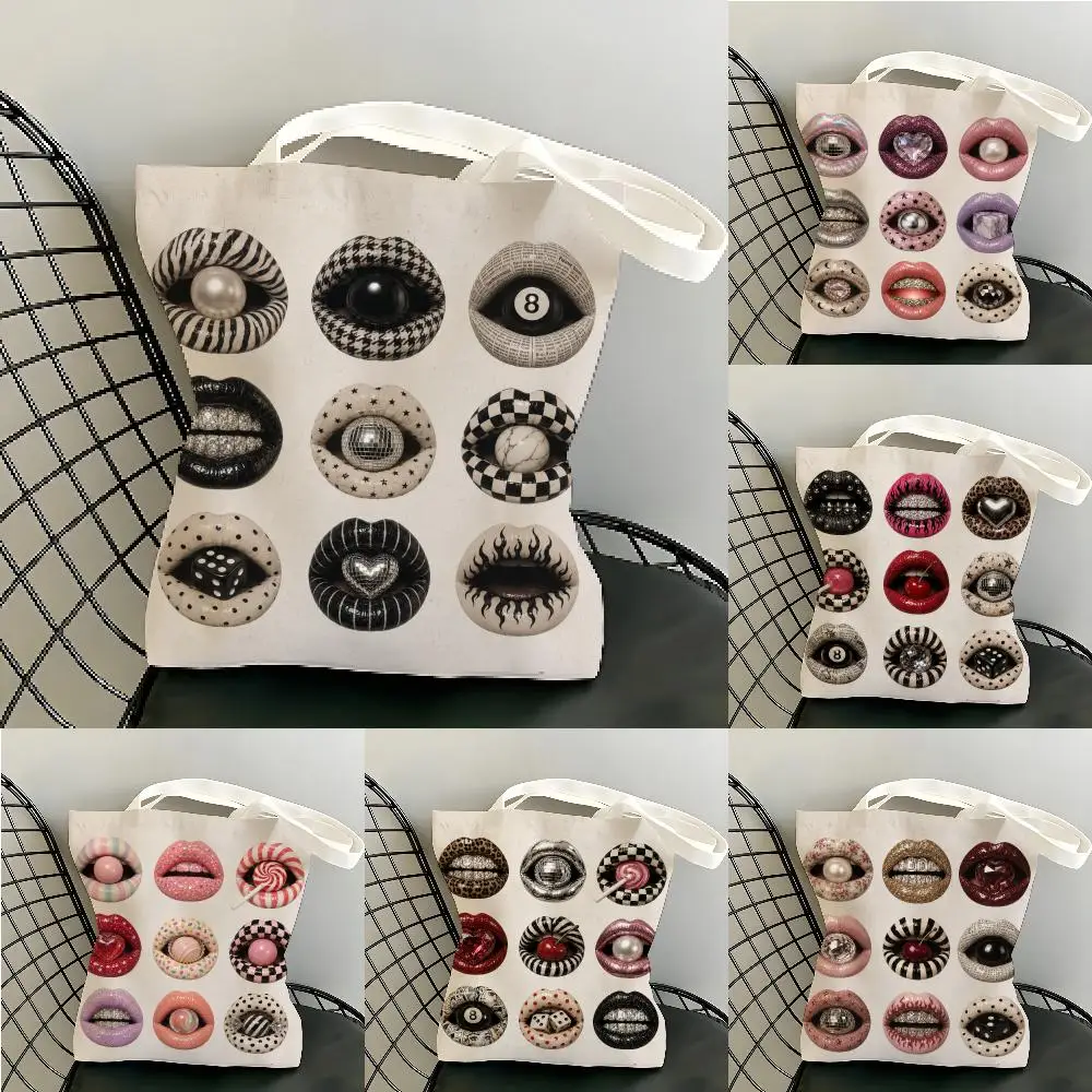 Retro Lip Collage Storage Bags Canvas Tote Bag Women Large Capacity Reusable Eco Shopping Bag Shoulder Handbag