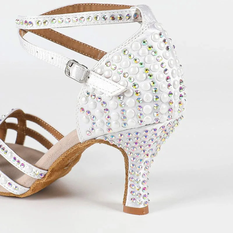 Evk Women's White Pearl Rhinestone Open Toe Ankle Strap Latin Dance Shoes for Salsa Tango Ballroom Girls Party Dancing Sandals