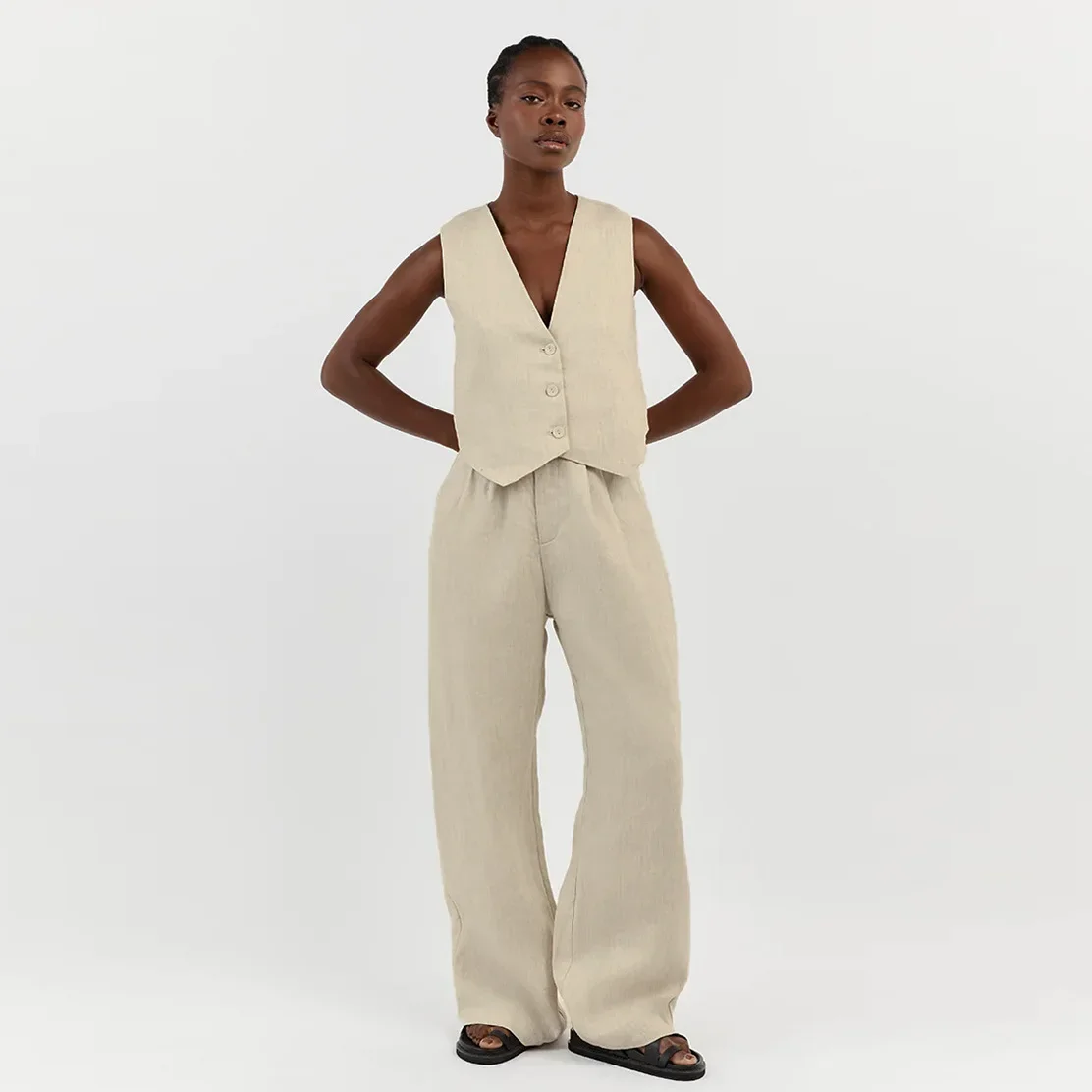 

New Cotton Linen Sleeveless Women's Clothing Summer Tank Top & Loose Wide Leg Pants Solid Color