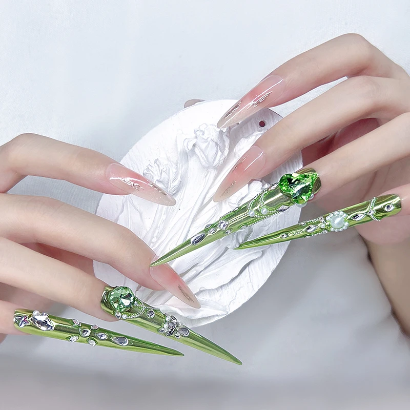 14 Piece（4 long+10 short ）Handmade Emerald Gem Littini Nail Set Shiny Luxe for Occasions (Better Than) Popular Kits