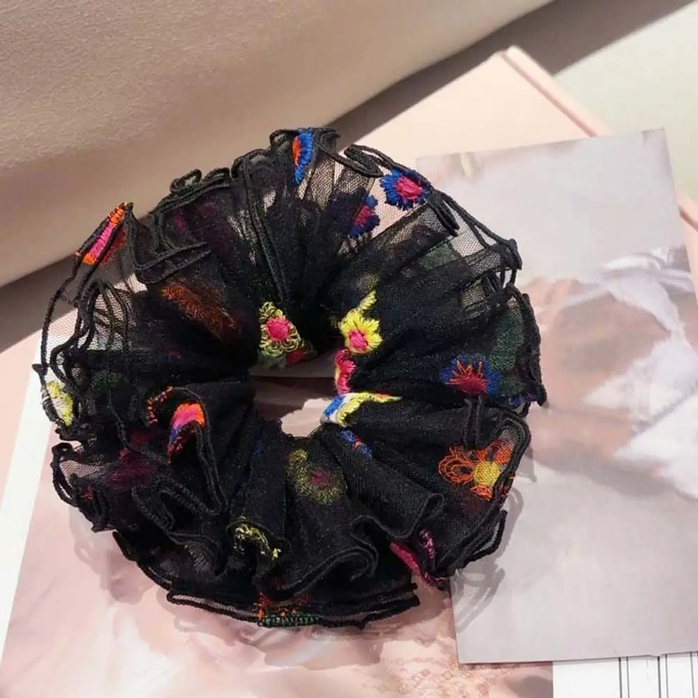 

Large Intestine Circle Embroidered Mesh Scrunchie Elastic Korean Style Floral Hair Rope Headwear Quirky Style