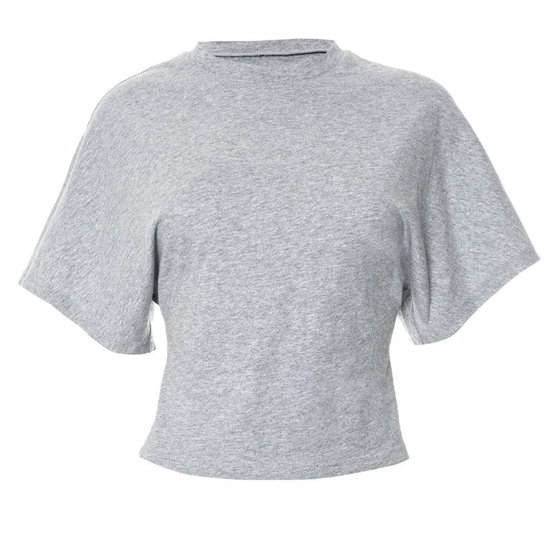 Szara Krótka Koszulka Damska z Dekoltem O-neck, Top Gorsetowy, Modna Codzienna Jednolita Odzież Uliczna Wiosna Lato Krótkie T-shirty dla Dziewczyn — zdjęcie 2