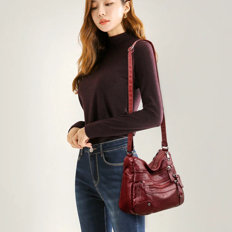 Bolso de hombro de cuero suave de alta calidad para mujer, bolso cruzado Vintage multicapa, bolso y monedero femenino de diseñador de lujo