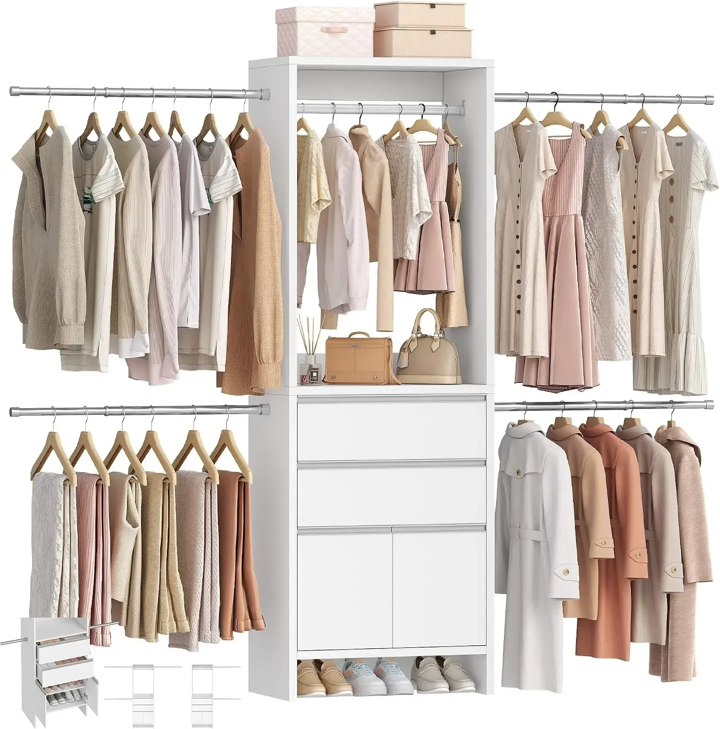 Closet System Closet Organizers and Storage with 2 Drawers | Walk-in Closet Organizer System Wooden Storage Systems Wardrobe Clo