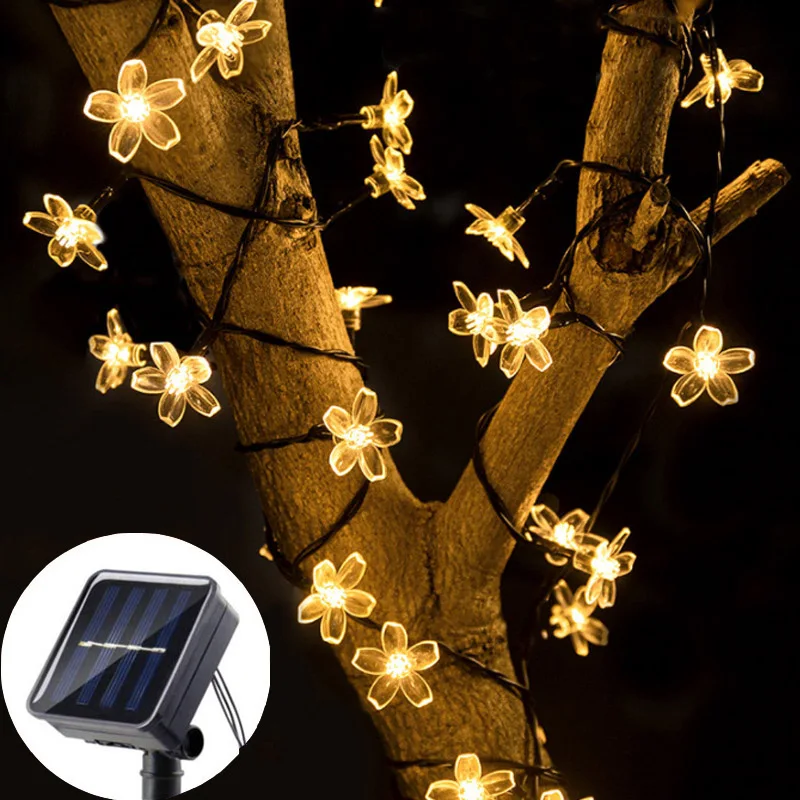 8 Modes Cherry Blossoms String Lights Solar Outdoor LED Sakura Light Decor Wedding Garden Tree Fence Christmas Party Holiday