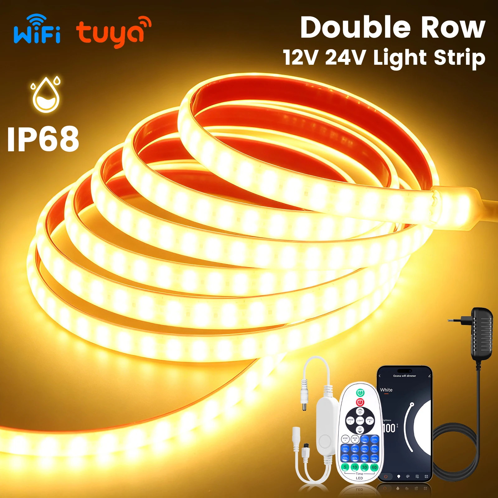 WIFI Bluetooth LED Strip Light 12V 24V IP68 Waterproof LED Tape 2835 240Leds/m Flexible Ribbon Rope Light with Remote Control
