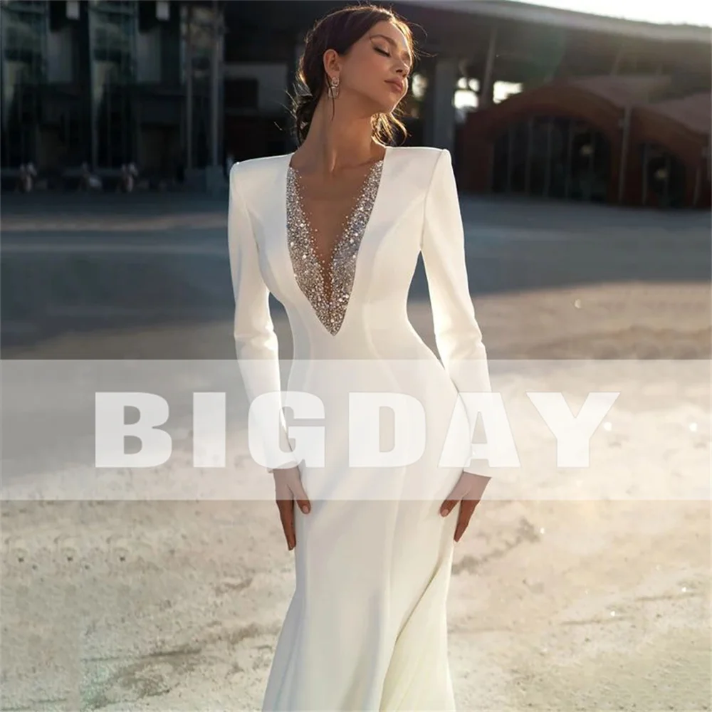 Elegant Mermaid Wedding Dress Women 2024 V-Neck Long Sleeve Beading Zipper Back Satin Bridal Gown Sweep Train Vestidos De Noiva