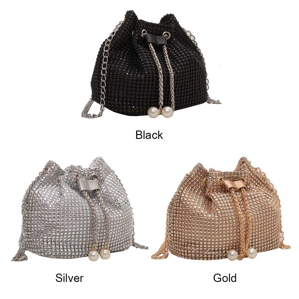 Women Luxury Shoulder Bag Solid Color Rhinestone Glittering Satchel Bag Drawstring Shinny Sling Purse Dinner Party Bag