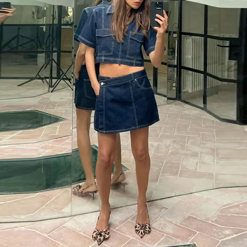 Casual manga curta bolso denim conjunto elegante com decote em v topo e botão shorts calça outfits moda altura rua cor sólida 2pc terno