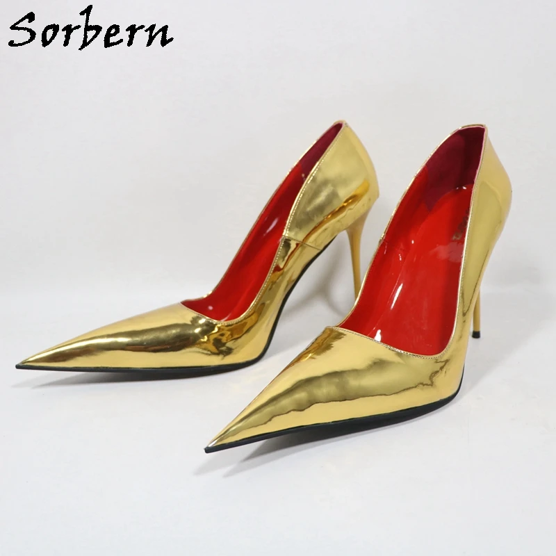 Sorbern Gold Metallic Women Pump Shoes Metal High Heel 12Cm Stilettos Long Pointed Toe Slip On Shoes Sissy Boy Footwear Custom