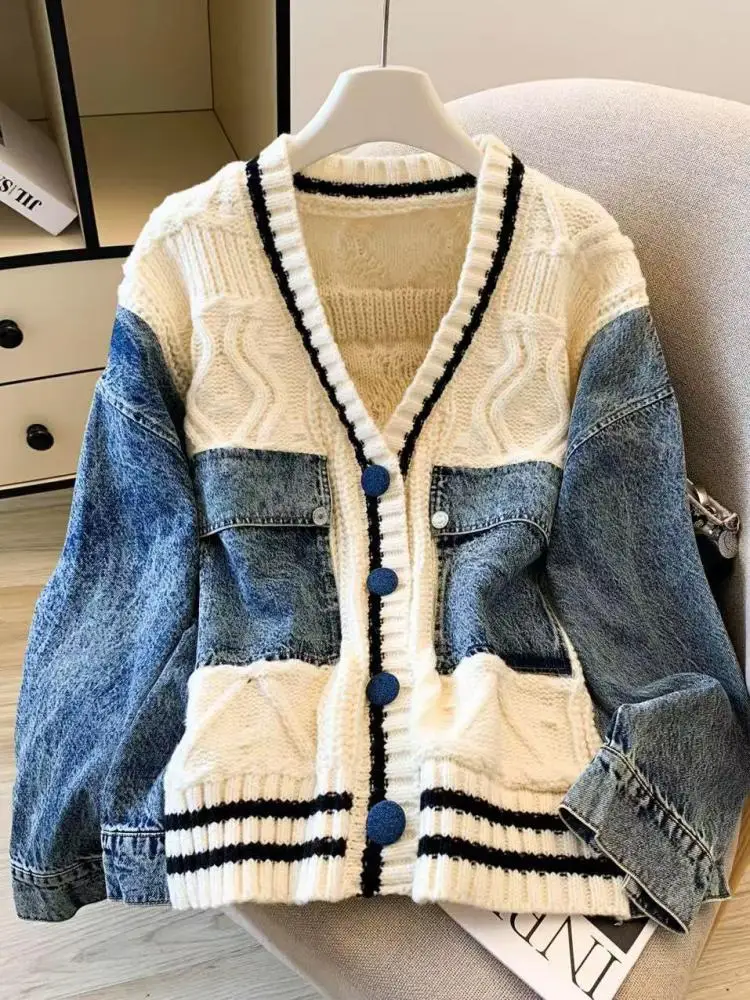 

Vintage Autumn Winter Beige Patchwork Denim V-neck Loose Short Sweater Women Long Sleeve Single Breasted Knitted Cardigans Tops